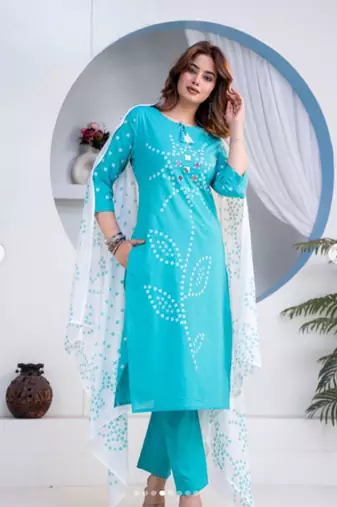 Beautiful jaipuri blue straight-fit  bandhani design cotton kurta set