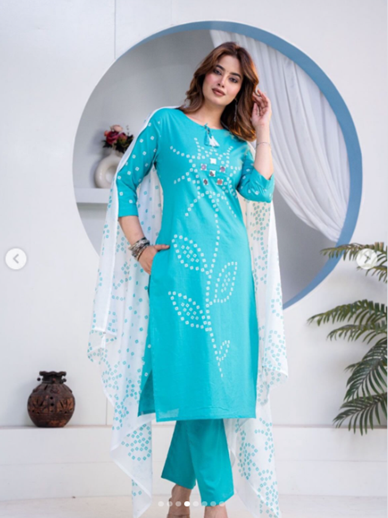 Beautiful jaipuri blue straight-fit  bandhani design cotton kurta set