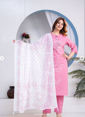 Beautiful jaipuri pink straight-fit  bandhani design cotton kurta set 1