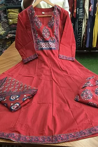 Beautiful maroon a-line kurta set with printed pant dupatta