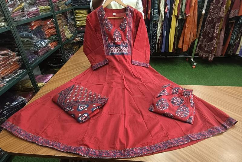 Beautiful maroon a-line kurta set with printed pant dupatta