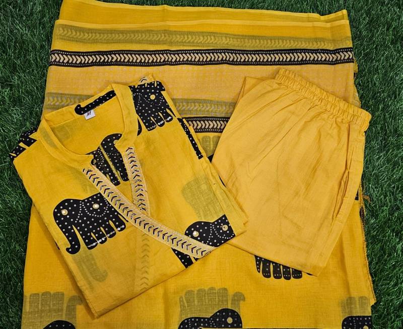 Beautiful yellow 3-piece pure cotton kurta set