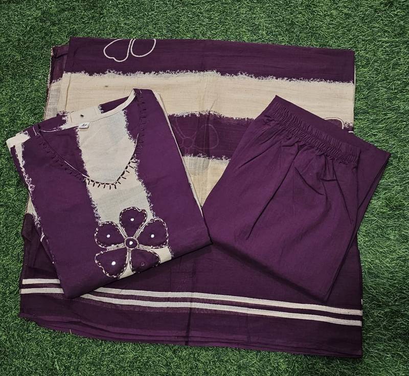 An elegant purple and cream 3-piece pure cotton suit set