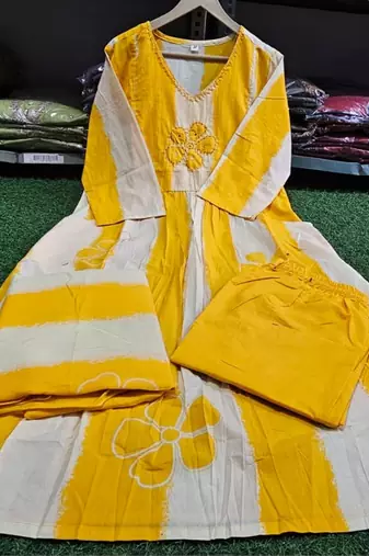 An elegant yellow and cream 3-piece pure cotton suit set