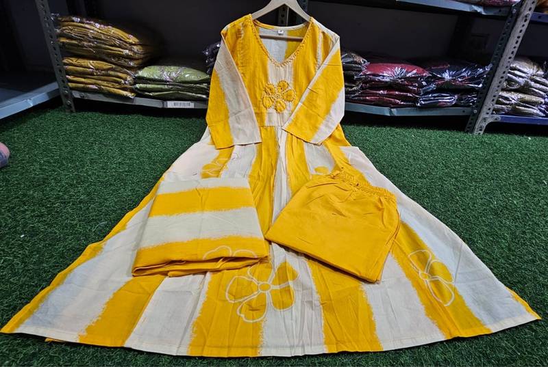 An elegant yellow and cream 3-piece pure cotton suit set