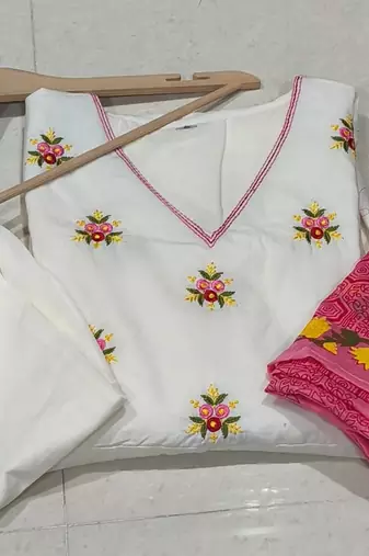 Beautiful white elegant cotton anarkali set with embroidery and cotton dupatta