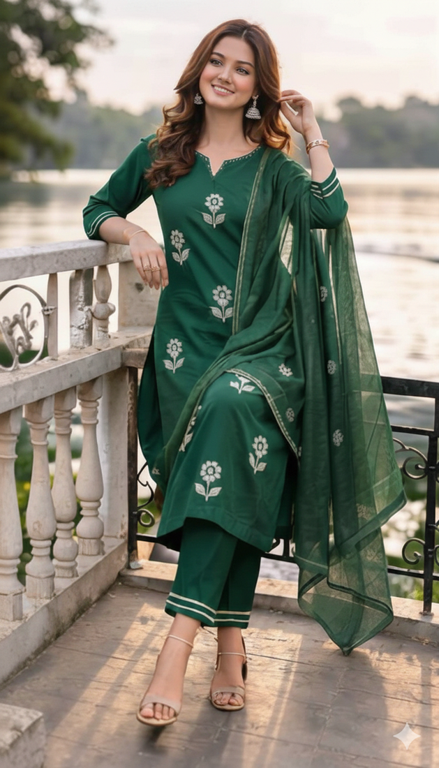 Beautiful  a dark green cotton kurta pant set featuring white floral embroidery and a matching dupatta