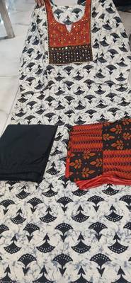 Beautiful premium white & black straight hand block printed kurti pant dupatta sets 5