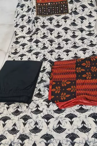 Beautiful premium white & black straight hand block printed kurti pant dupatta sets