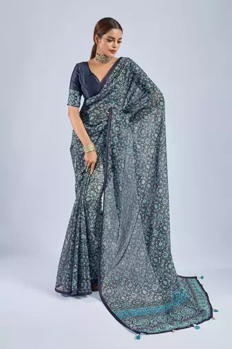 Blue chiffon ajrak printed saree with unstitched blouse