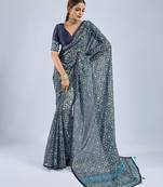 Blue chiffon ajrak printed saree with unstitched blouse