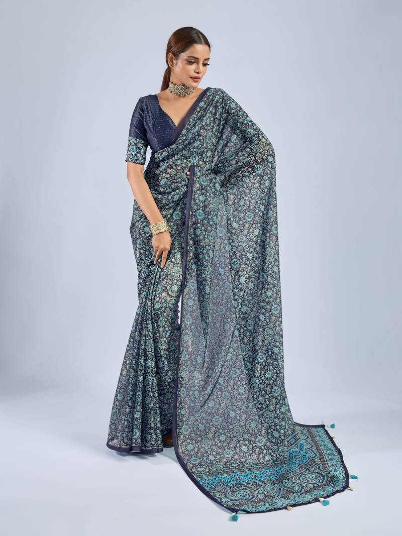 Blue chiffon ajrak printed saree with unstitched blouse