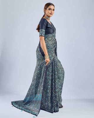 Blue chiffon ajrak printed saree with unstitched blouse 2