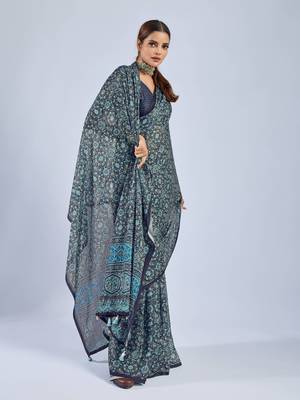 Blue chiffon ajrak printed saree with unstitched blouse 4