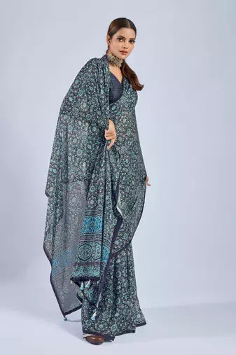 Blue chiffon ajrak printed saree with unstitched blouse