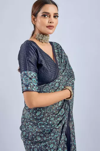 Blue chiffon ajrak printed saree with unstitched blouse