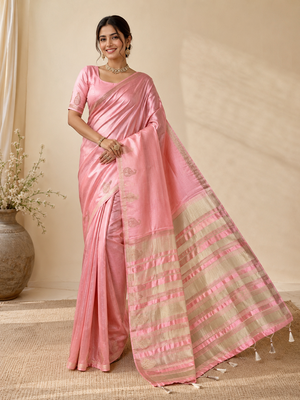 baby pink fancy with tassels on pallu tussar silk saree 1
