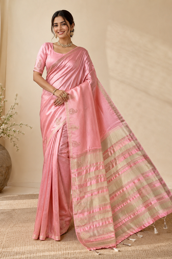 baby pink fancy with tassels on pallu tussar silk saree