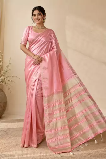 baby pink fancy with tassels on pallu tussar silk saree