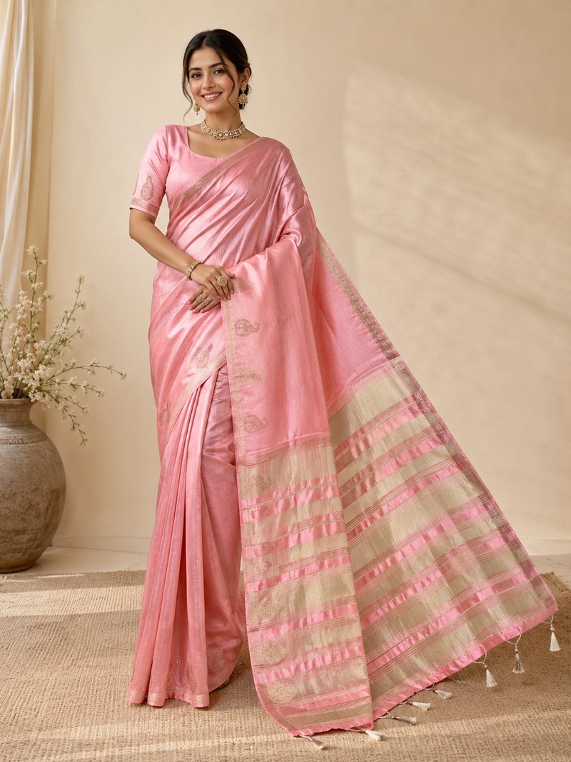 baby pink fancy with tassels on pallu tussar silk saree