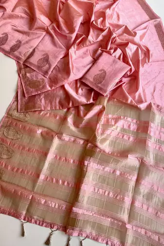 baby pink fancy with tassels on pallu tussar silk saree