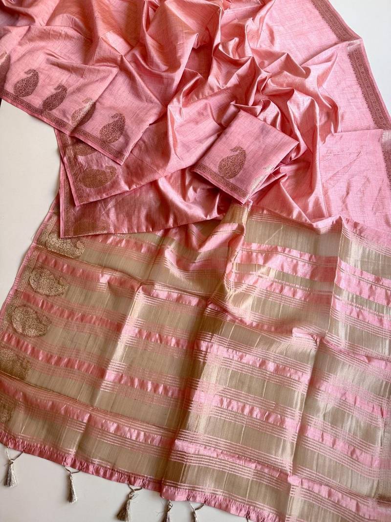 baby pink fancy with tassels on pallu tussar silk saree