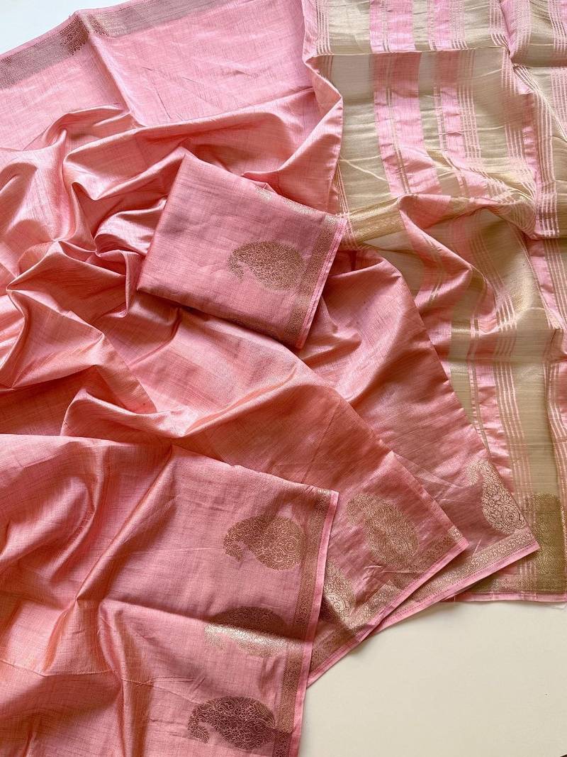 baby pink fancy with tassels on pallu tussar silk saree