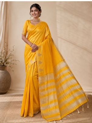 yellow fancy with tassels on pallu tussar silk saree 1