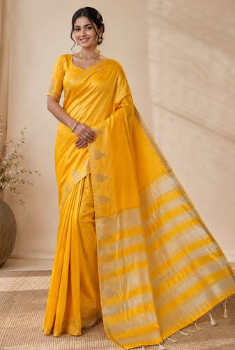 yellow fancy with tassels on pallu tussar silk saree