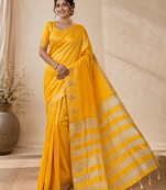 yellow fancy with tassels on pallu tussar silk saree