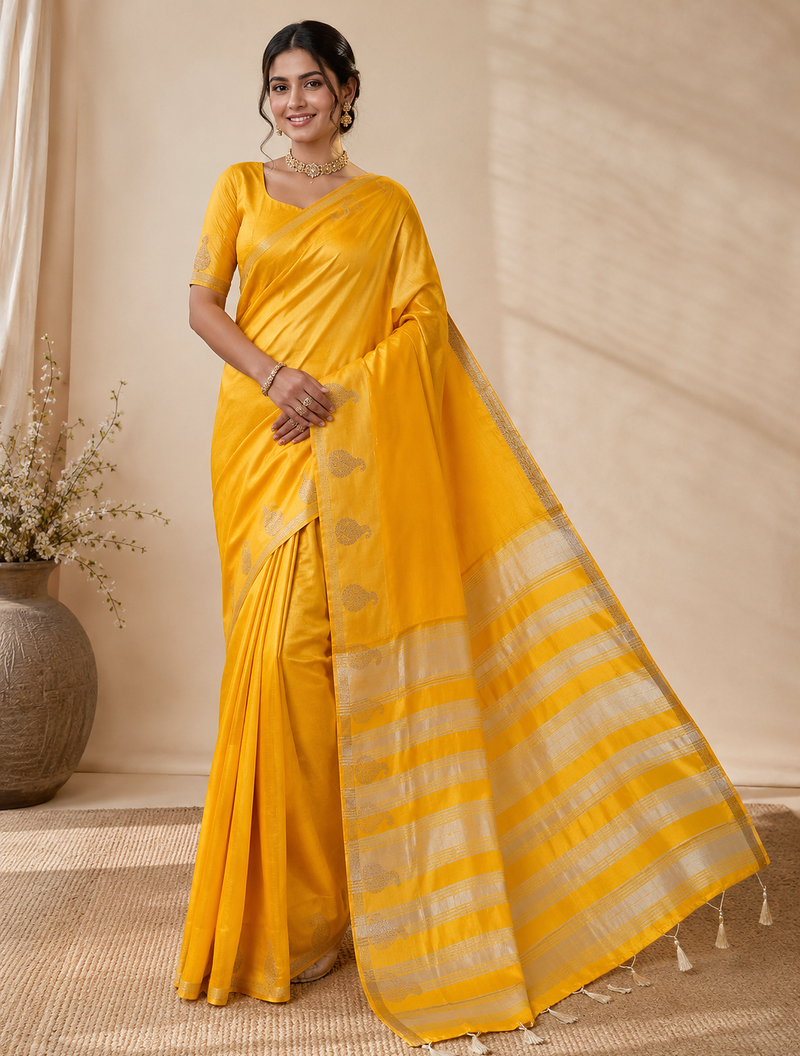 yellow fancy with tassels on pallu tussar silk saree