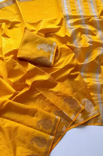 yellow fancy with tassels on pallu tussar silk saree