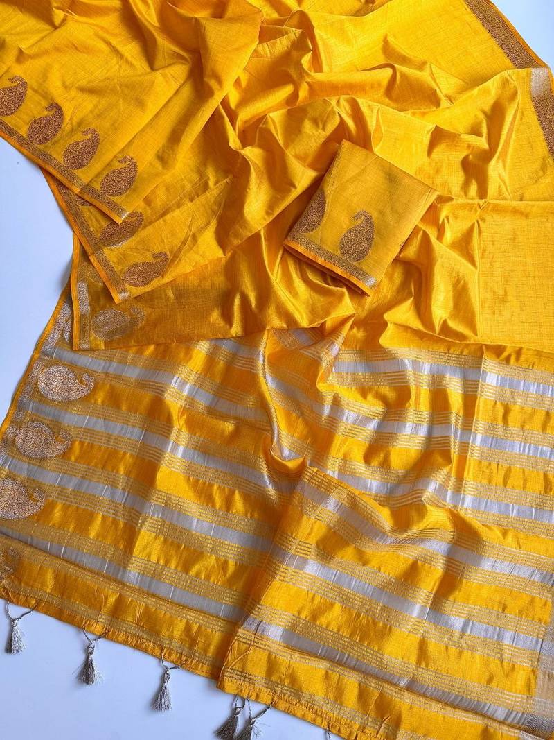 yellow fancy with tassels on pallu tussar silk saree