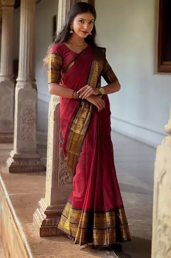 Red weaving cotton silk ethnic saree with blouse