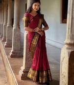 Red weaving cotton silk ethnic saree with blouse