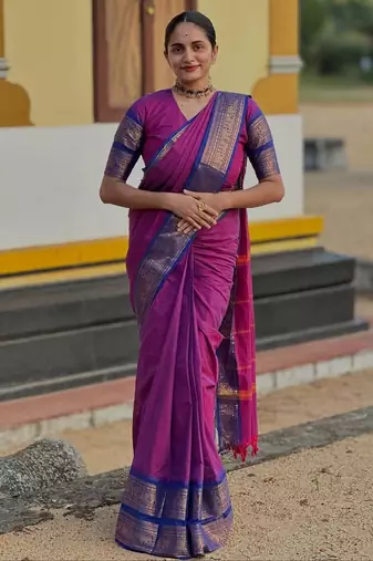 Rani-pink weaving cotton silk ethnic saree with blouse