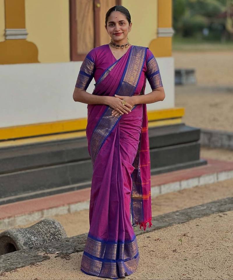 Rani-pink weaving cotton silk ethnic saree with blouse