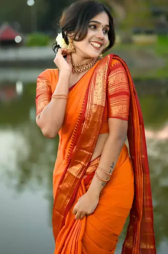 Orange weaving cotton silk ethnic saree with blouse