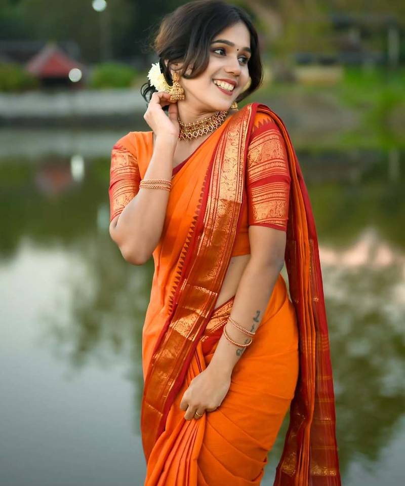 Orange weaving cotton silk ethnic saree with blouse