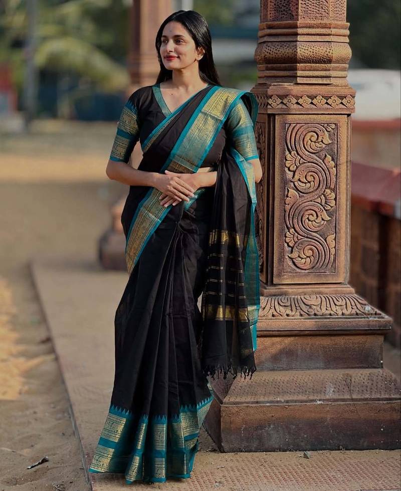 Black weaving cotton silk ethnic saree with blouse