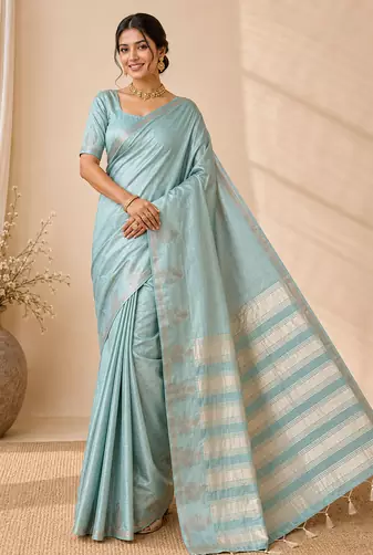 sky blue fancy with tassels on pallu tussar silk saree