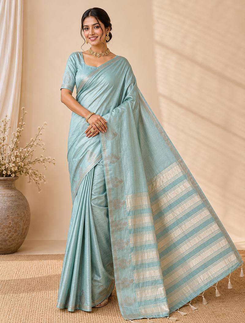 sky blue fancy with tassels on pallu tussar silk saree