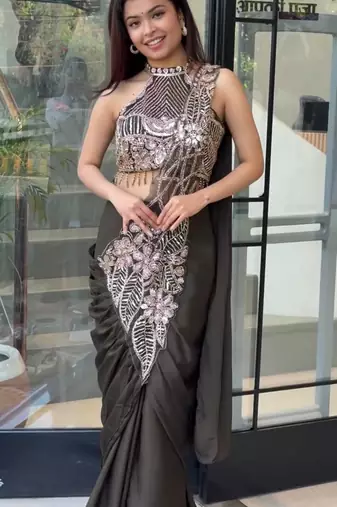 Black embroidered silk ready to wear saree with blouse