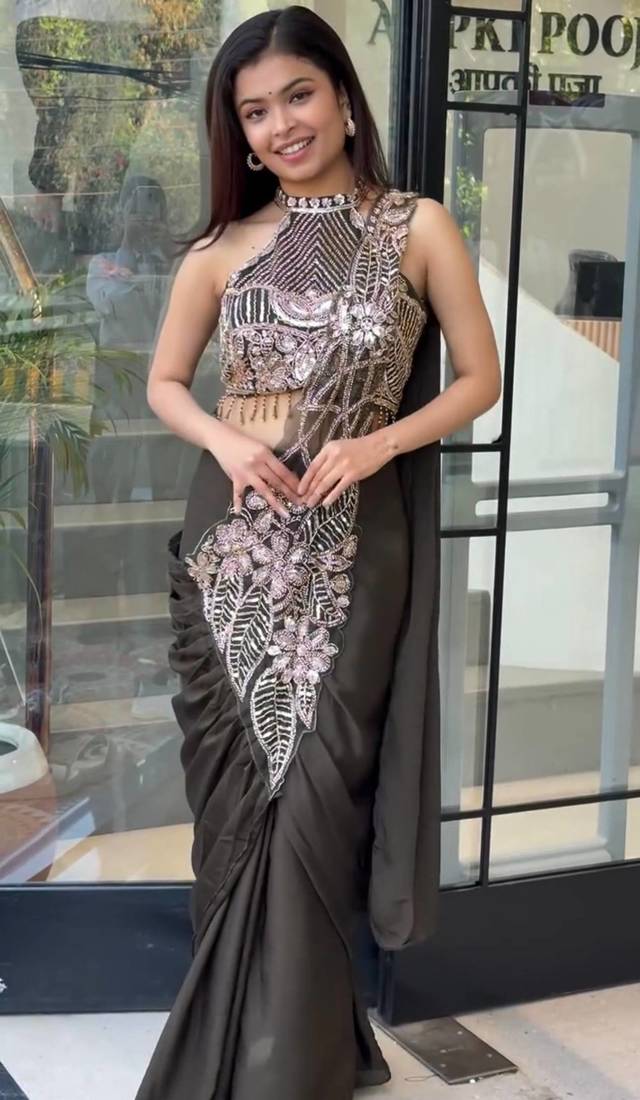 Black embroidered silk ready to wear saree with blouse