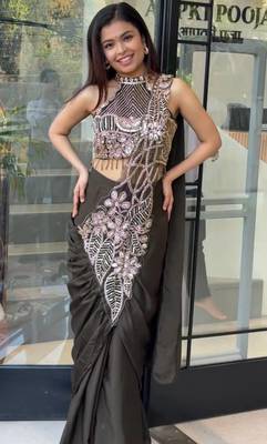 Black embroidered silk ready to wear saree with blouse 2
