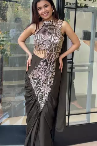 Black embroidered silk ready to wear saree with blouse