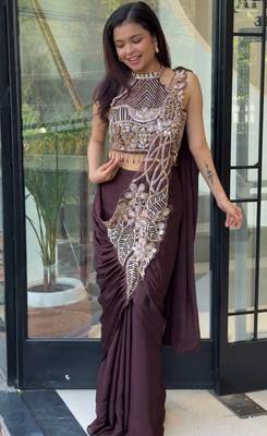 Wine embroidered silk ready to wear saree with blouse 1