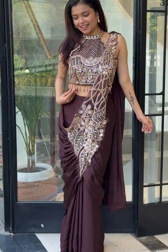 Wine embroidered silk ready to wear saree with blouse