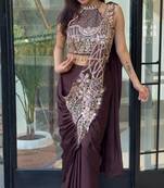 Wine embroidered silk ready to wear saree with blouse
