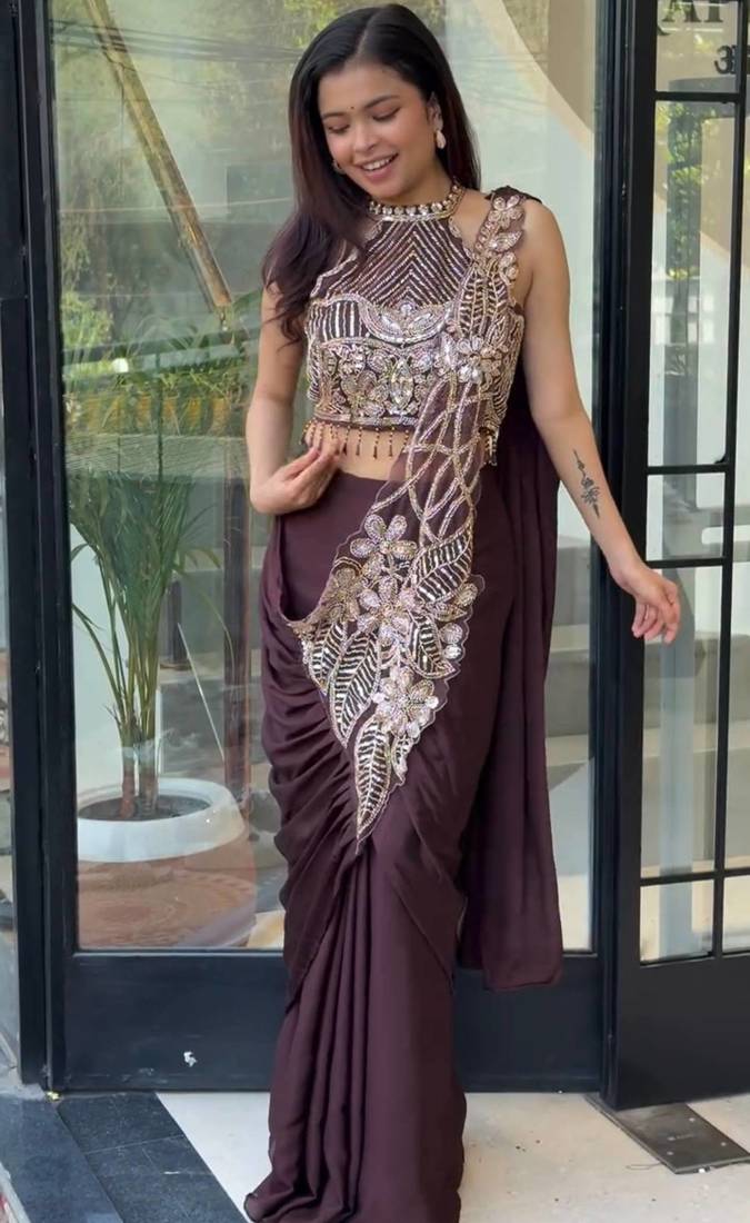 Wine embroidered silk ready to wear saree with blouse